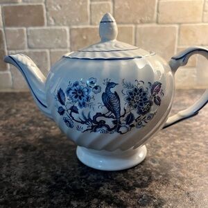 White Ironstone teapot with Blue Partridge and flowers